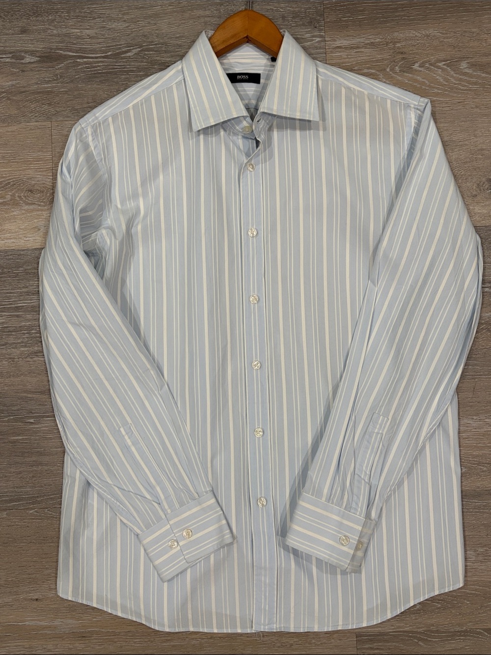 BOSS Men's Blue and White Vertical Stripe Dress Shirt